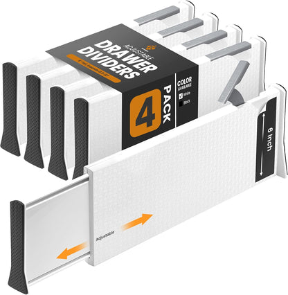 RAPTUROUS Adjustable Drawer Dividers, 8" Tall, Expandable 13.35-22", 6-Pack, Non-Slip for Deep Drawers in Kitchen, Bedroom, and Closet (White)