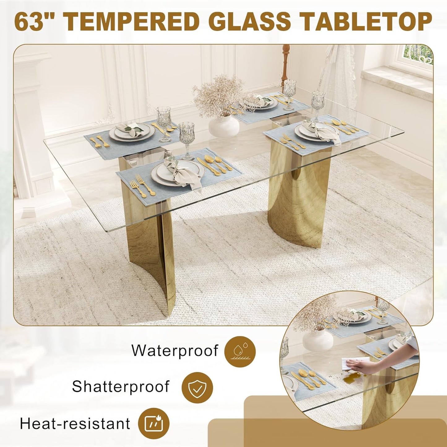 63“ Modern Dining Table, Elegant Tempered Glass Kitchen Table with Gold Stainless Steel Base, Rectangular Glass Dinner Table for Home Office, Living Room Furniture, Easy Assembly
