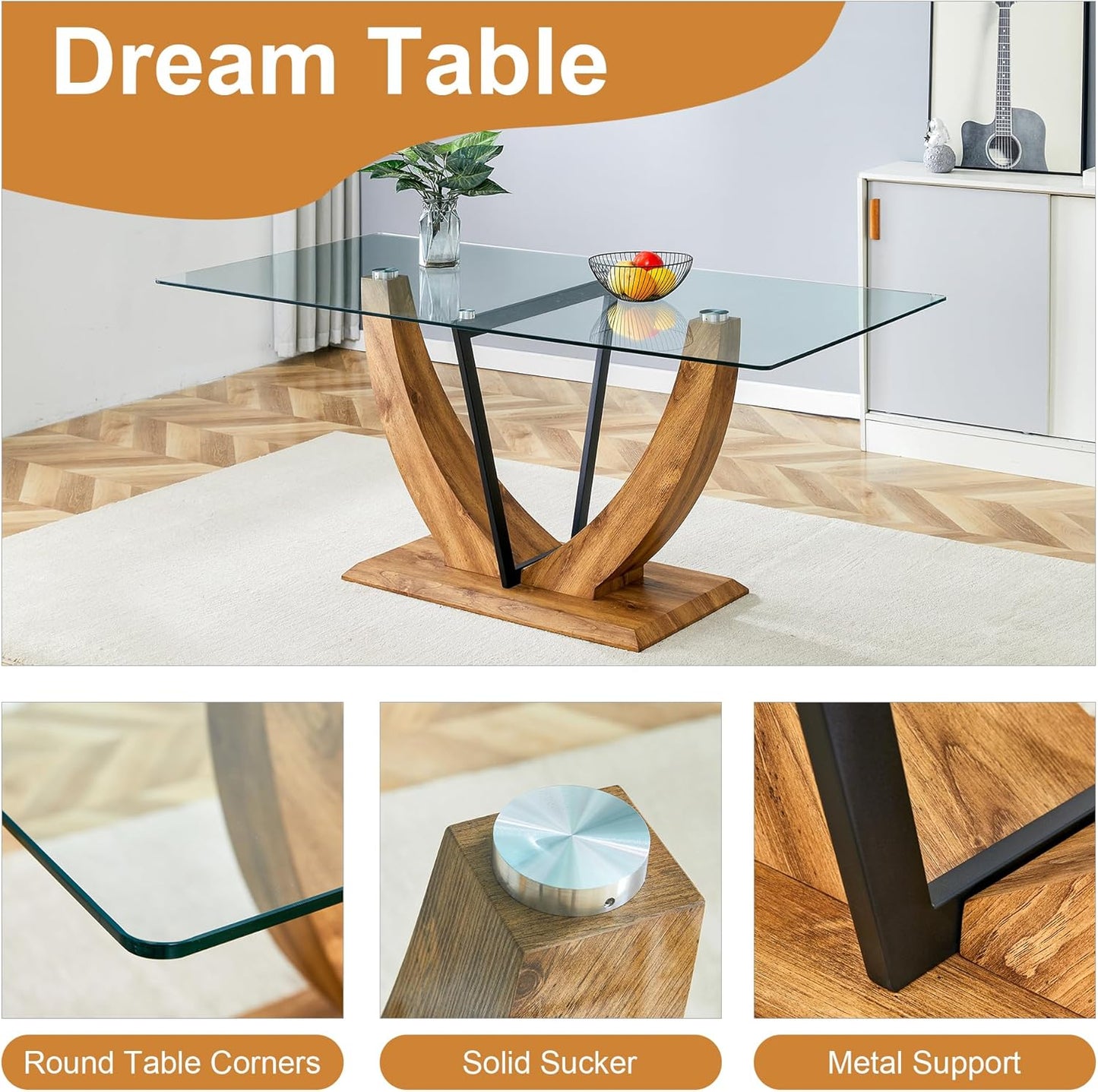 71" Glass Dining Table for 6, Modern Kitchen Table with Tempered Glass Tabletop, Elegant Dining Room Table for Kitchen or Dining Area