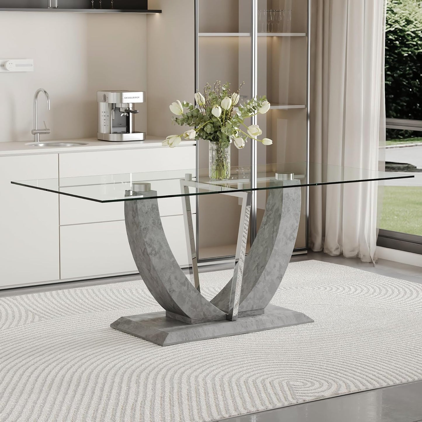 71" Modern Glass Dining Table for 6, Tempered Glass Top, Grey Base, Rectangular Shape, 6 Seater, Indoor Use, Requires Assembly