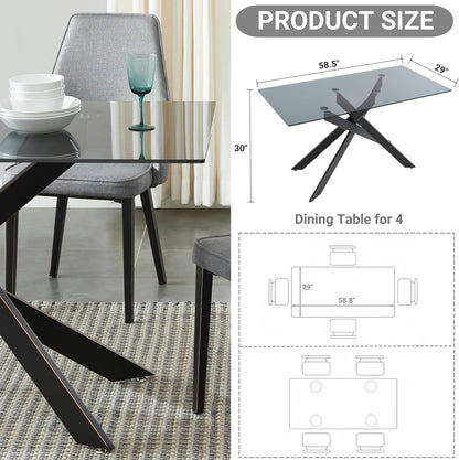 Modern Style Dining Table with Gray Tempered Glass Top and Black Metal Tubular Legs, 58.5”Lx29”Wx30”H