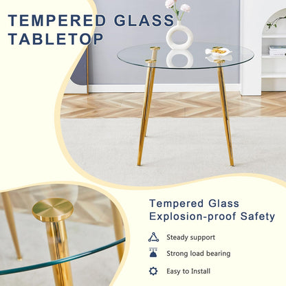 gopop Round Glass Dining Table,Modern Round Kitchen Table for 4,Gold Kitchen Table with 0.31-Inch Thick Glass Top,Small Dining Room Table for Apartment Living Room(Plating Metal Legs)