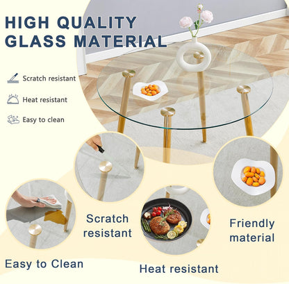 gopop Round Glass Dining Table,Modern Round Kitchen Table for 4,Gold Kitchen Table with 0.31-Inch Thick Glass Top,Small Dining Room Table for Apartment Living Room(Plating Metal Legs)