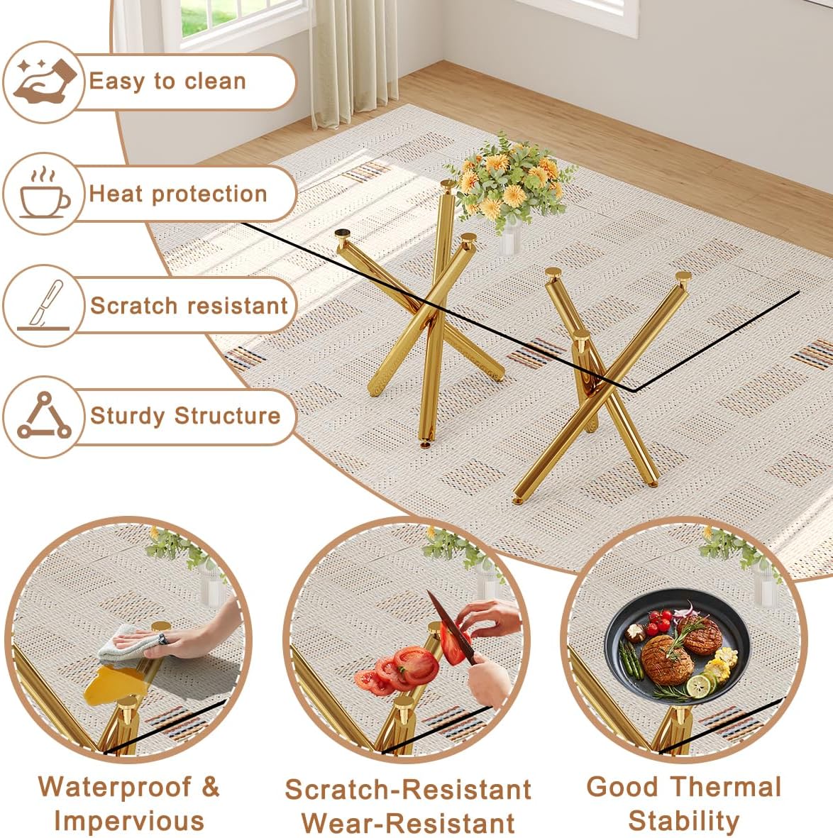 71 in Glass Dining Table,Gold Dining Table for 6-8，Large Size Kitchen and Dining Room Table with Tempered Glass top and Gold Metal Legs, Modern Rectangular Dining Table (Golden)