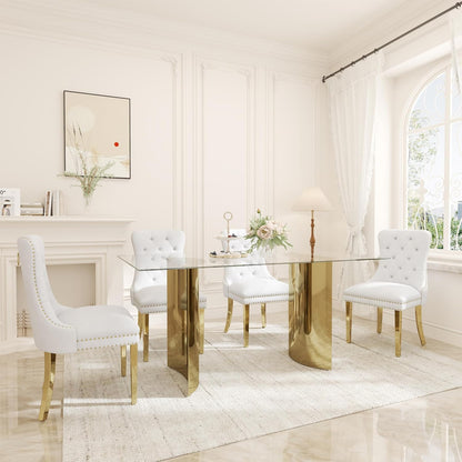 63“ Modern Dining Table, Elegant Tempered Glass Kitchen Table with Gold Stainless Steel Base, Rectangular Glass Dinner Table for Home Office, Living Room Furniture, Easy Assembly