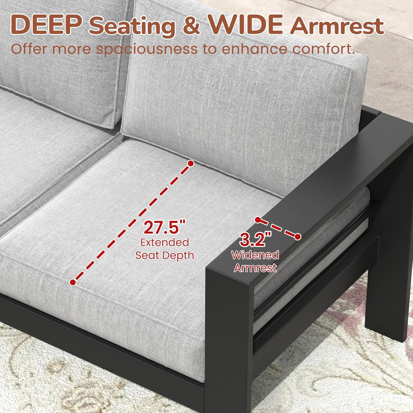 Solaste Patio Furniture Metal Armchair,2 PCS All-Weather Aluminum Garden Outdoor Contemporary Sofa Chair with Cushions, Light Grey