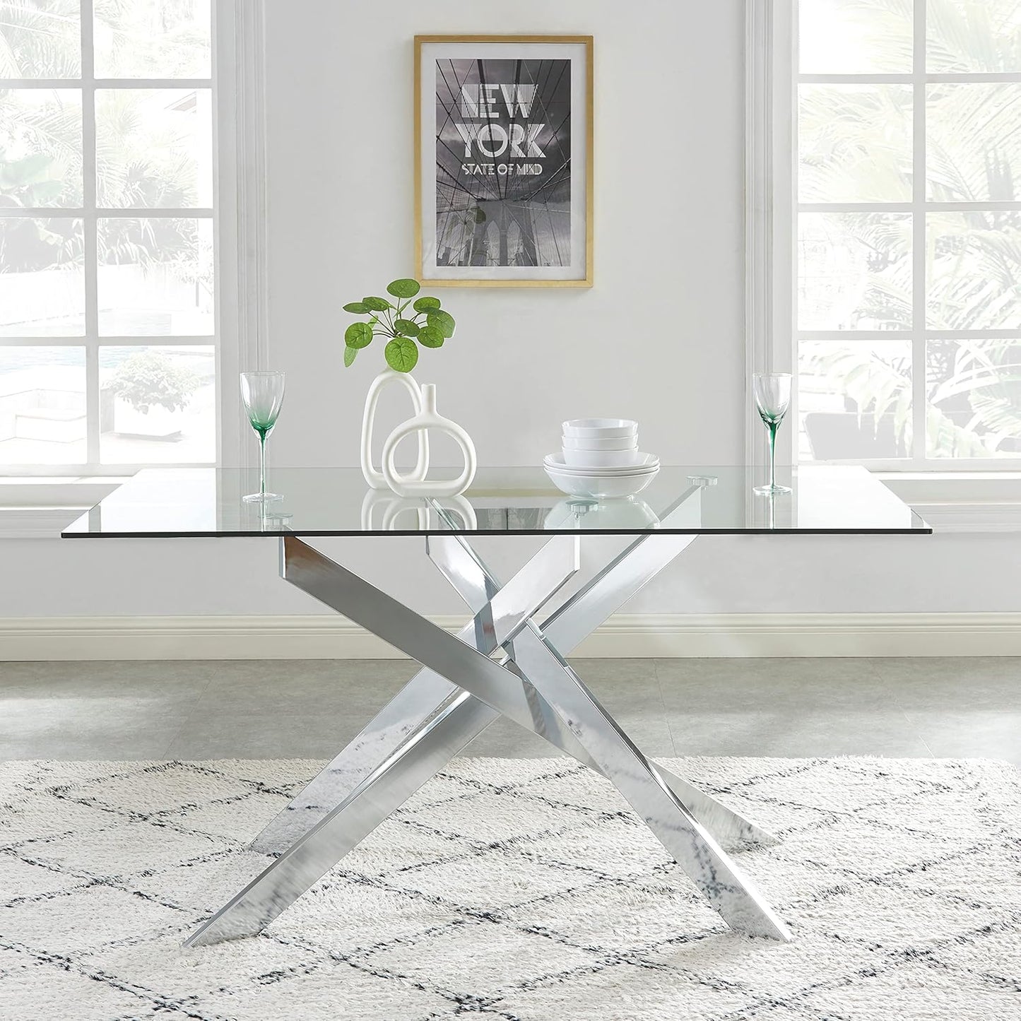 Edwin's Choice 58.5” Rectangle Glass Dining Table, Tempered Glass Tabletop and Metal Tubular Legs, Modern Style Table for Home, Kitchen, Dining Room 58.5”Lx29”Wx30”H, Silver (Table Only)