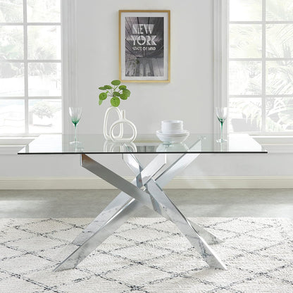 Edwin's Choice 58.5” Rectangle Glass Dining Table, Tempered Glass Tabletop and Metal Tubular Legs, Modern Style Table for Home, Kitchen, Dining Room 58.5”Lx29”Wx30”H, Silver (Table Only)