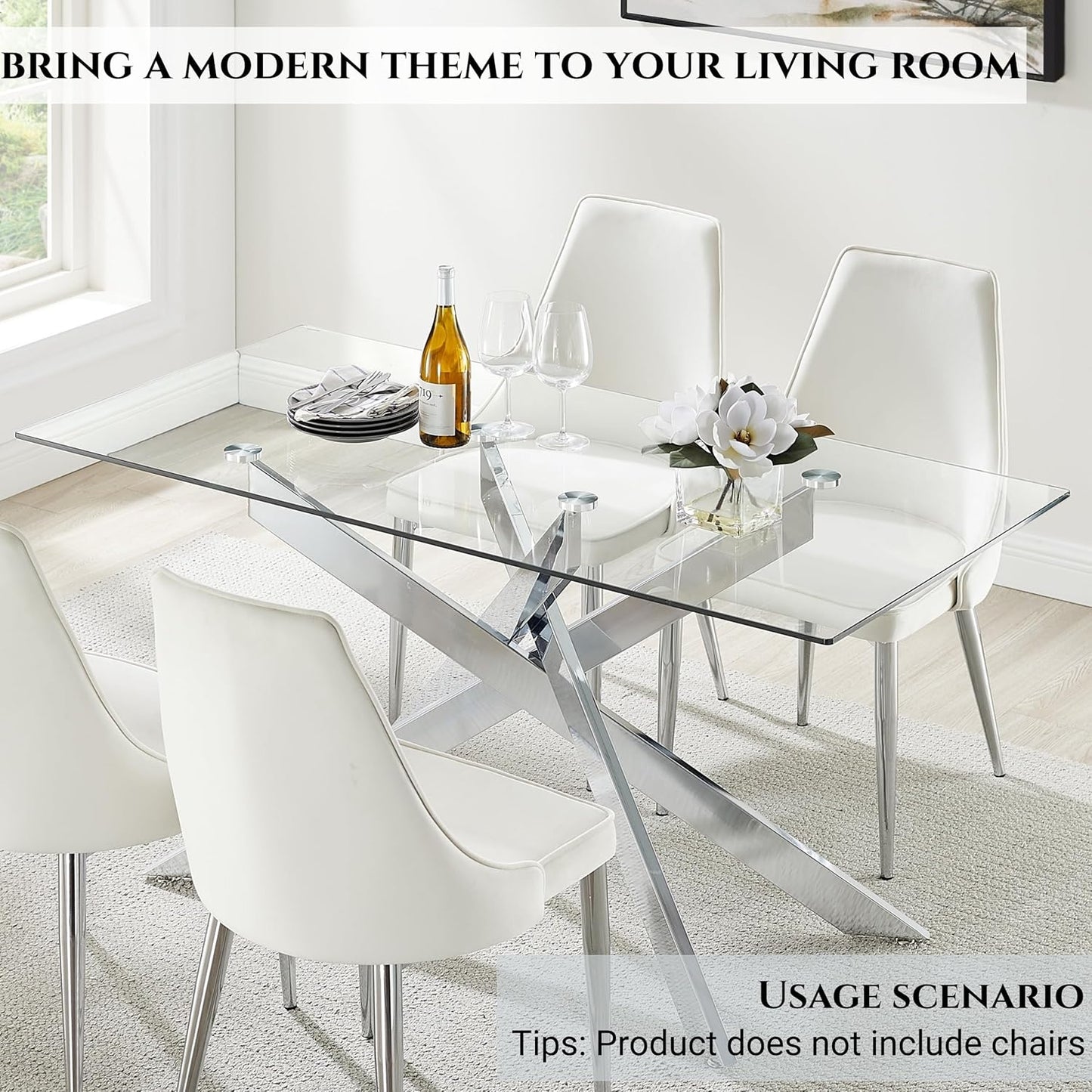 Edwin's Choice 58.5” Rectangle Glass Dining Table, Tempered Glass Tabletop and Metal Tubular Legs, Modern Style Table for Home, Kitchen, Dining Room 58.5”Lx29”Wx30”H, Silver (Table Only)