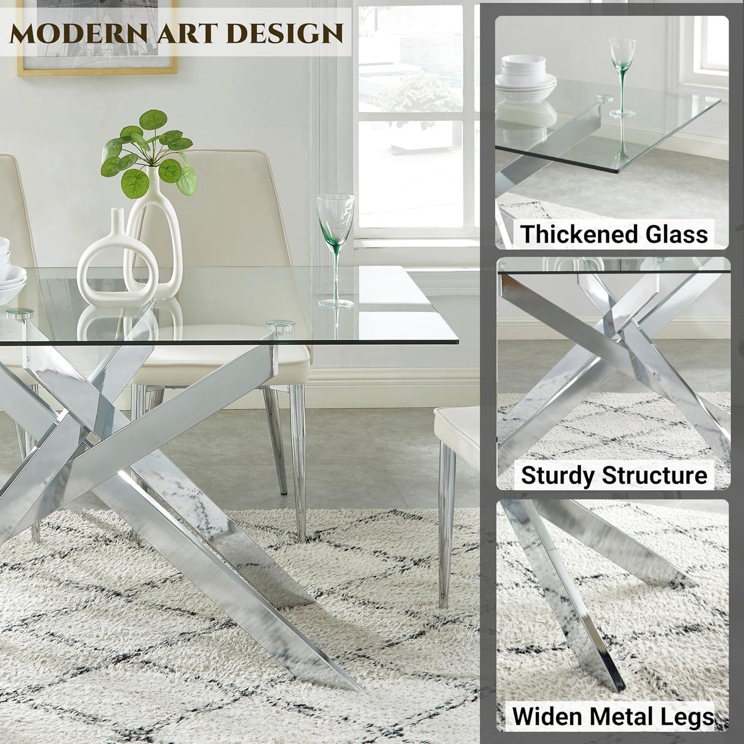 Edwin's Choice 58.5” Rectangle Glass Dining Table, Tempered Glass Tabletop and Metal Tubular Legs, Modern Style Table for Home, Kitchen, Dining Room 58.5”Lx29”Wx30”H, Silver (Table Only)