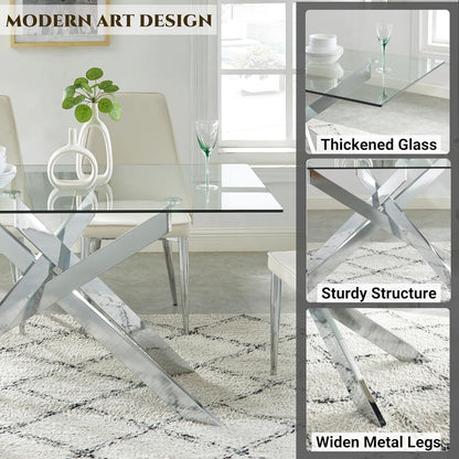 Edwin's Choice 58.5” Rectangle Glass Dining Table, Tempered Glass Tabletop and Metal Tubular Legs, Modern Style Table for Home, Kitchen, Dining Room 58.5”Lx29”Wx30”H, Silver (Table Only)