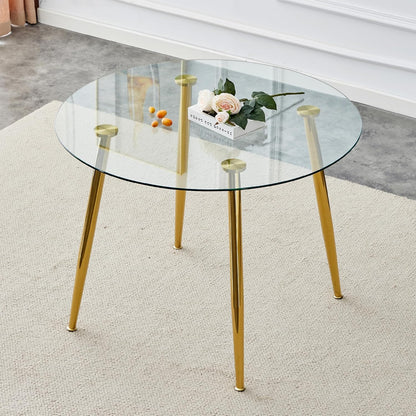 gopop Round Glass Dining Table,Modern Round Kitchen Table for 4,Gold Kitchen Table with 0.31-Inch Thick Glass Top,Small Dining Room Table for Apartment Living Room(Plating Metal Legs)