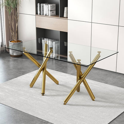71 in Glass Dining Table,Gold Dining Table for 6-8，Large Size Kitchen and Dining Room Table with Tempered Glass top and Gold Metal Legs, Modern Rectangular Dining Table (Golden)