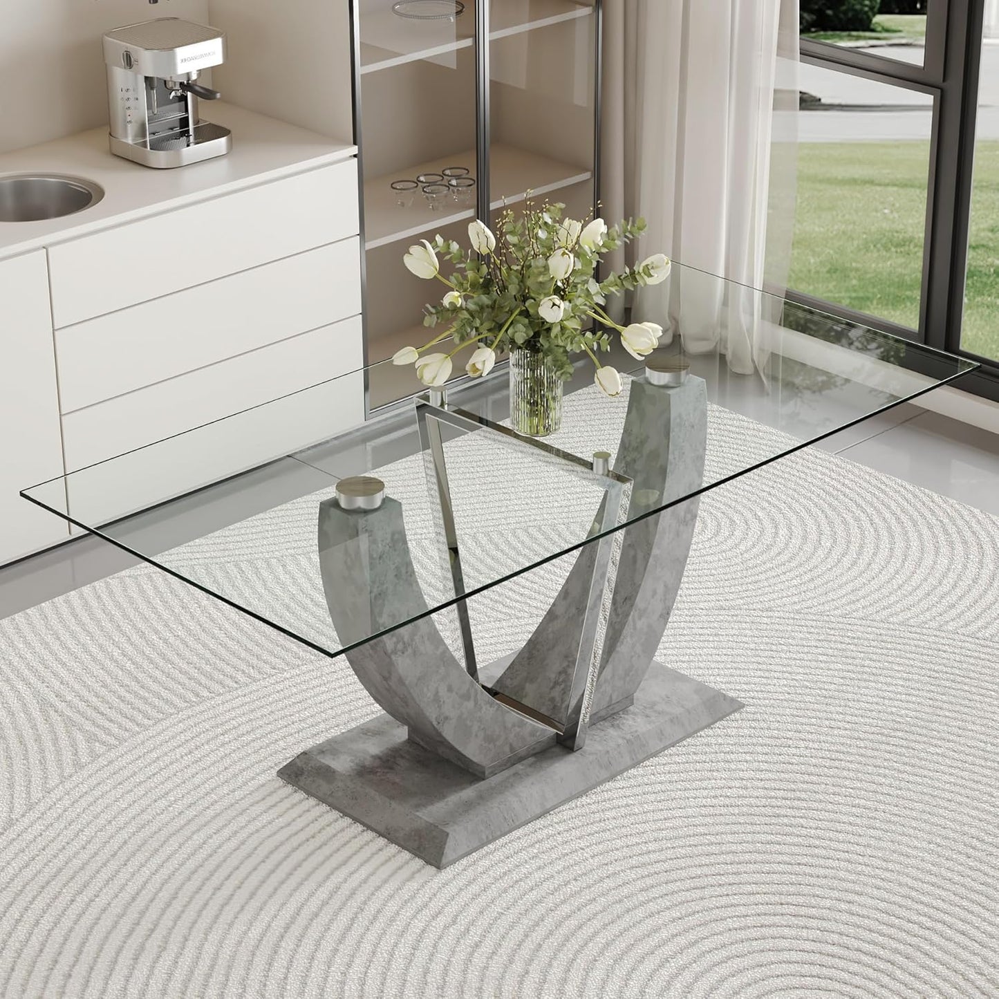 71" Modern Glass Dining Table for 6, Tempered Glass Top, Grey Base, Rectangular Shape, 6 Seater, Indoor Use, Requires Assembly