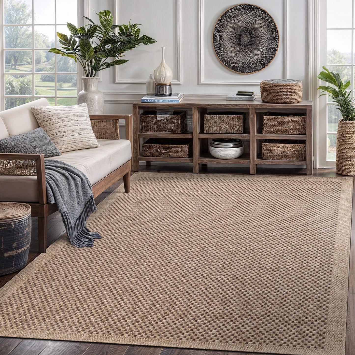 CAMILSON Easy Jute Rug 9x12, Indoor Outdoor Natural Color Fiber Area Rugs for Living Room and Patio Rug Herringbone Seagrass Boho Woven Design Easy-Cleaning Washable Outside Carpet Alfombras 9 x 12