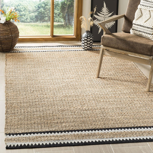 SAFAVIEH Area Rug 8x10 - Natural Fiber Collection - Large - Natural & Black, Handmade Jute, Boho Farmhouse Style, Ideal for Living Room, Bedroom, Dining Space (NF874B)