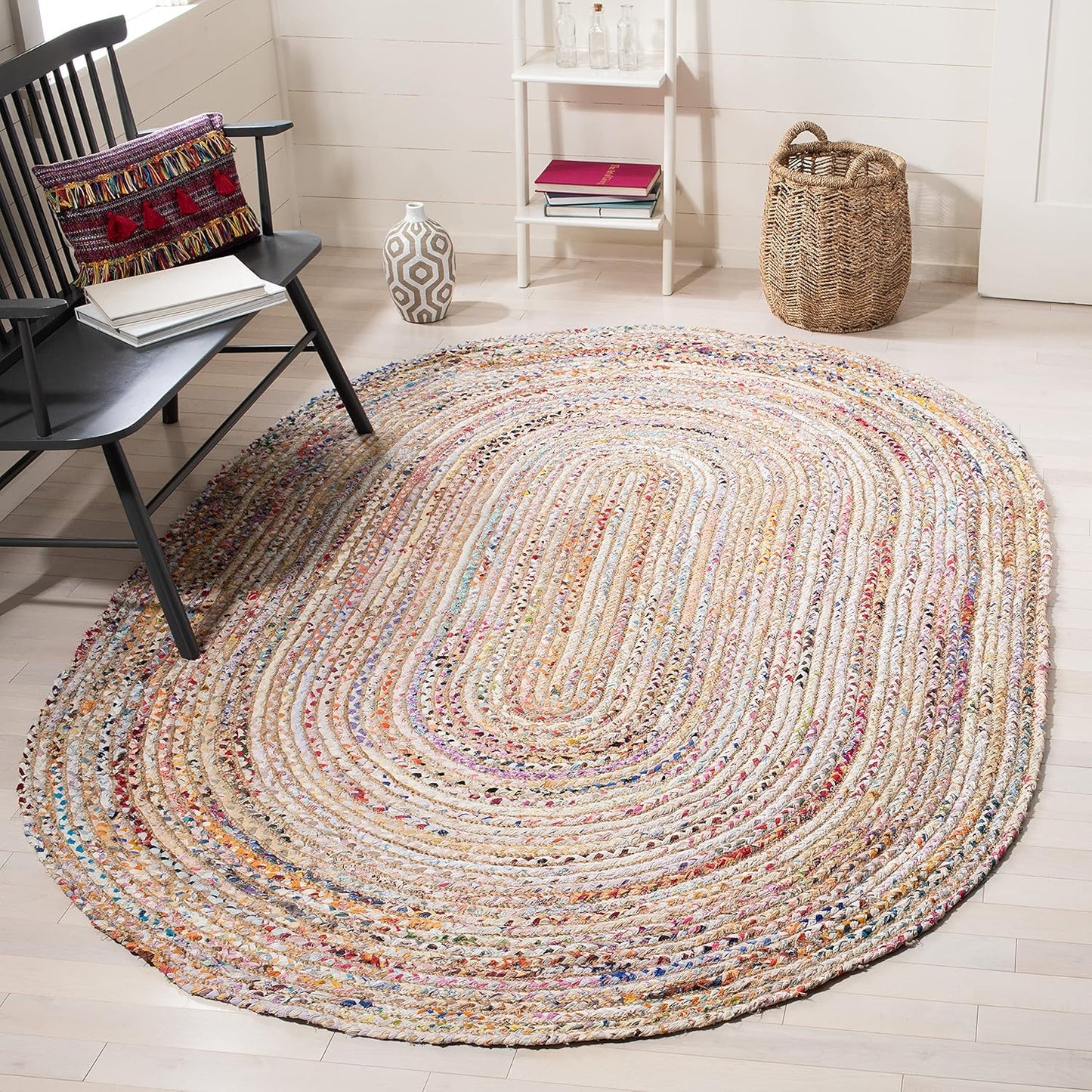 SAFAVIEH Area Rug 8x10 - Cape Cod Collection - Large - Beige & Multi, Handmade Jute & Cotton, Woven Braided Design (CAP202B)